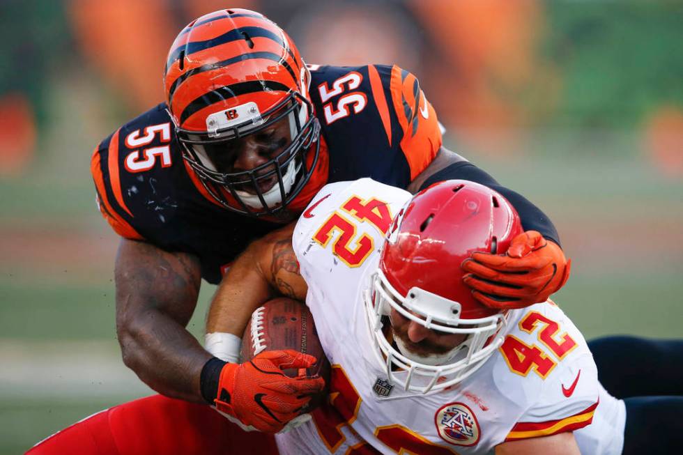 Cincinnati Bengals outside linebacker Vontaze Burfict (55) tackles Kansas City Chiefs fullback Anthony Sherman (42) during the first half of an NFL preseason football game, Saturday, Aug. 19, 2017 ...