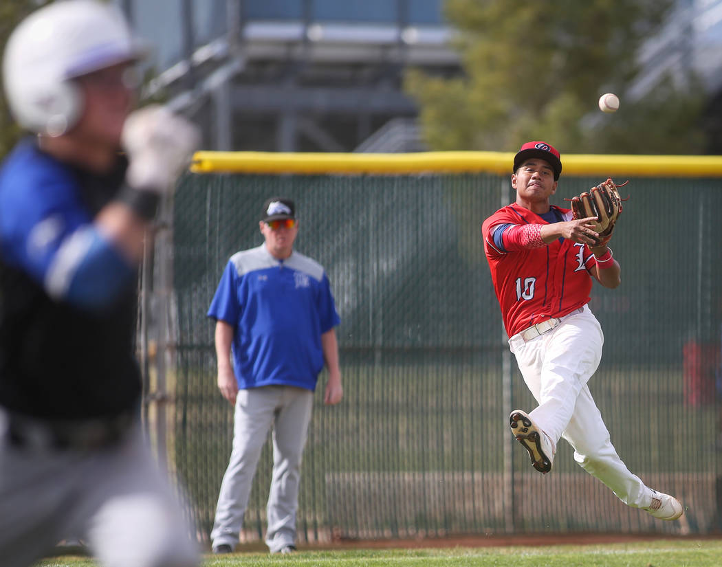 Liberty's Zanden Shim (10) passes to first base in the first inning of a baseball game at Liberty High School in Henderson, Tuesday, March 19, 2019. (Caroline Brehman/Las Vegas Review-Journal) @ca ...