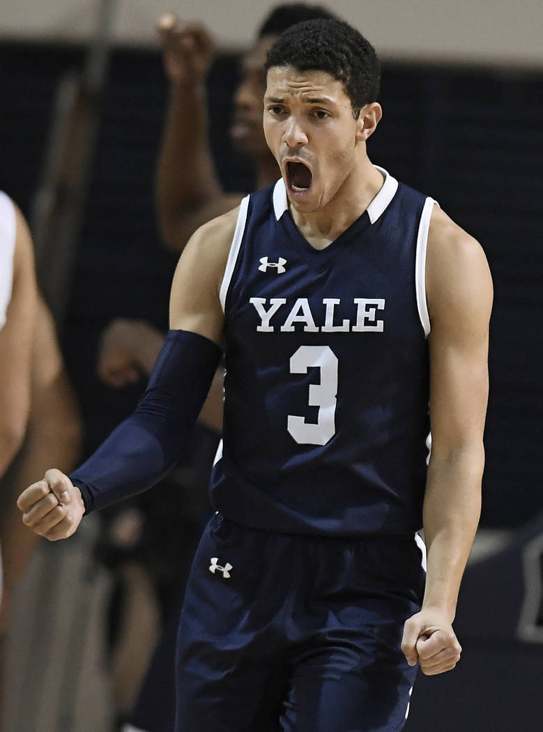 Yale's Alex Copeland reacts during the second half of an NCAA college basketball game for the Ivy League championship against Harvard at Yale University in New Haven, Conn., Sunday, March 17, 2019 ...