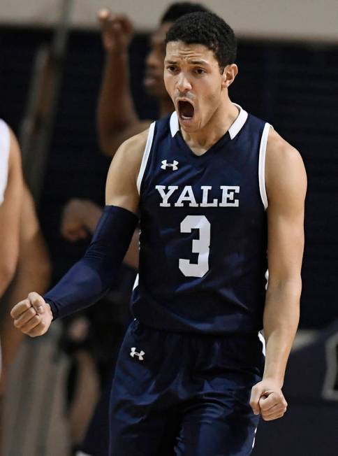 Yale's Alex Copeland reacts during the second half of an NCAA college basketball game for the Ivy League championship against Harvard at Yale University in New Haven, Conn., Sunday, March 17, 2019 ...