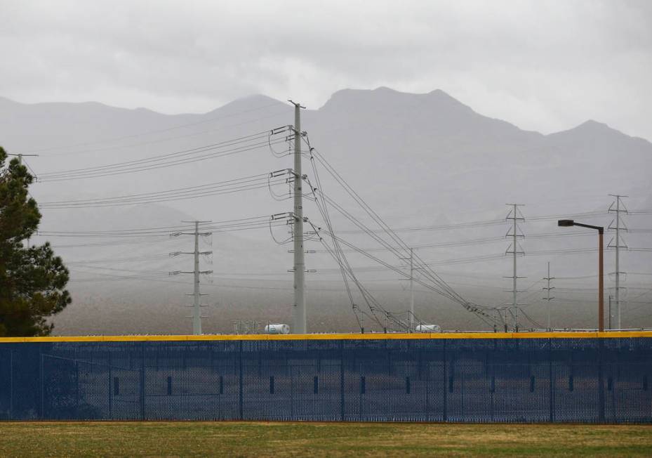Clouds cover part of the valley as rain comes down at Shadow Ridge High School in Las Vegas on Wednesday, March 20, 2019. (Chase Stevens/Las Vegas Review-Journal) @csstevensphoto