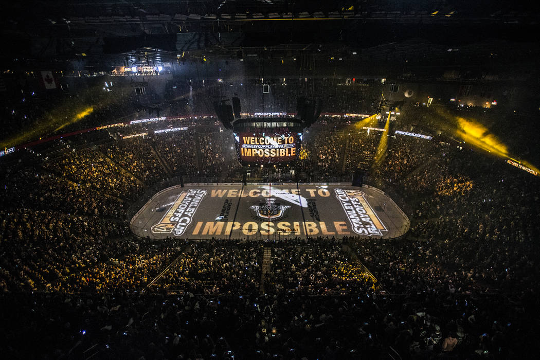 The Golden Knights and Los Angeles Kings take the ice before the start of game one of their first round playoff series on Wednesday, April 11, 2018, at T-Mobile Arena, in Las Vegas. Benjamin Hager ...