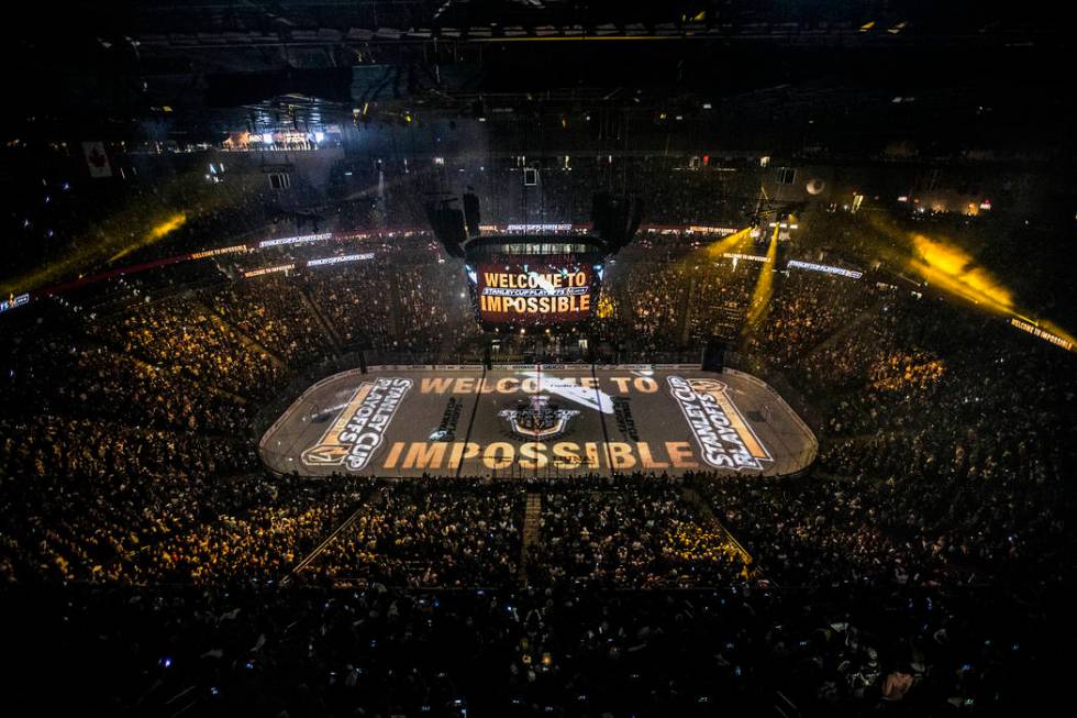 The Golden Knights and Los Angeles Kings take the ice before the start of game one of their first round playoff series on Wednesday, April 11, 2018, at T-Mobile Arena, in Las Vegas. Benjamin Hager ...