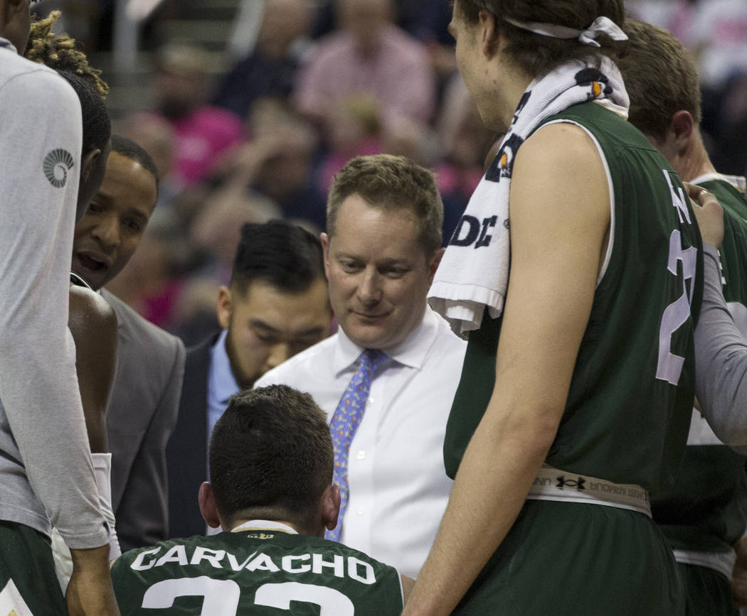 Colorado State head coach Niko Medved talks to his team during a timeout against Nevada in the second half of an NCAA college basketball game in Reno, Nev., Wednesday, Jan. 23, 2019. (AP Photo/Tom ...