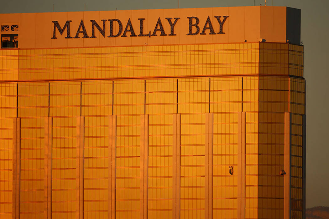 Two windows are blown out at Mandalay Bay in Las Vegas on Oct. 2, 2017, one day after the deadliest mass shooting in modern U.S. history. (Las Vegas Review-Journal)