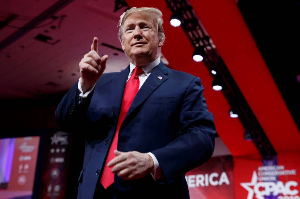 President Donald Trump looks to the cheering audience as he arrives to speak at Conservative Political Action Conference, CPAC 2019, in Oxon Hill, Md., Saturday, March 2, 2019. (AP Photo/Carolyn K ...