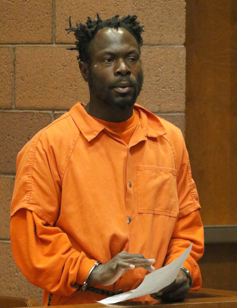 Eddie Lee Jackson, 38, appears at North Las Vegas Justice Court on Wednesday, March. 20, 2019. Jackson is accused of beating another homeless man to death during a fistfight on Owens Avenue last w ...