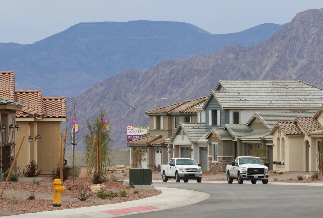 New houses are going up by Las Vegas builder StoryBook Homes, at the corner of Adams Boulevard and Bristlecone Drive in Boulder City, March 20, 2019. (Bizuayehu Tesfaye/Las Vegas Review-Journal) @ ...