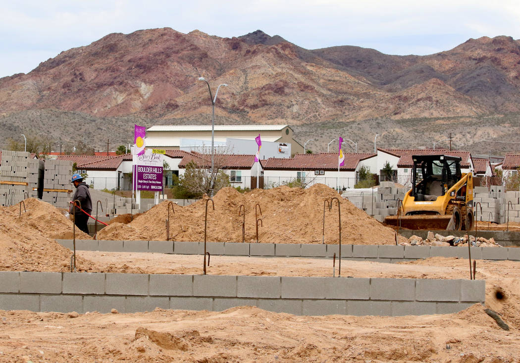 The construction site where Las Vegas builder StoryBook Homes is at the corner of Adams Boulevard and Bristlecone Drive in Boulder City, March 20, 2019. (Bizuayehu Tesfaye/Las Vegas Review-Journal ...