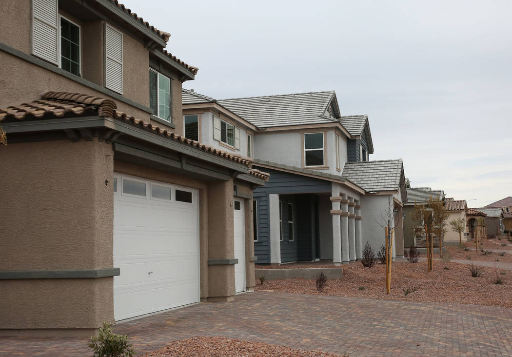 New houses are seen at the construction site where Las Vegas builder StoryBook Homes is building a project on Wednesday, March. 20, 2019 at the corner of Adams Boulevard and Bristlecone Drive in B ...