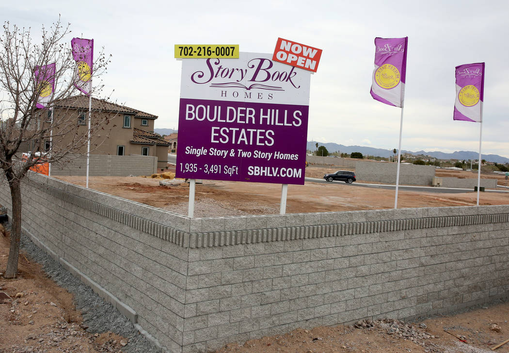 The construction site where Las Vegas builder StoryBook Homes is building new houses, at the corner of Adams Boulevard and Bristlecone Drive in Boulder City, Wednesday, March 20, 2019. (Bizuayehu ...