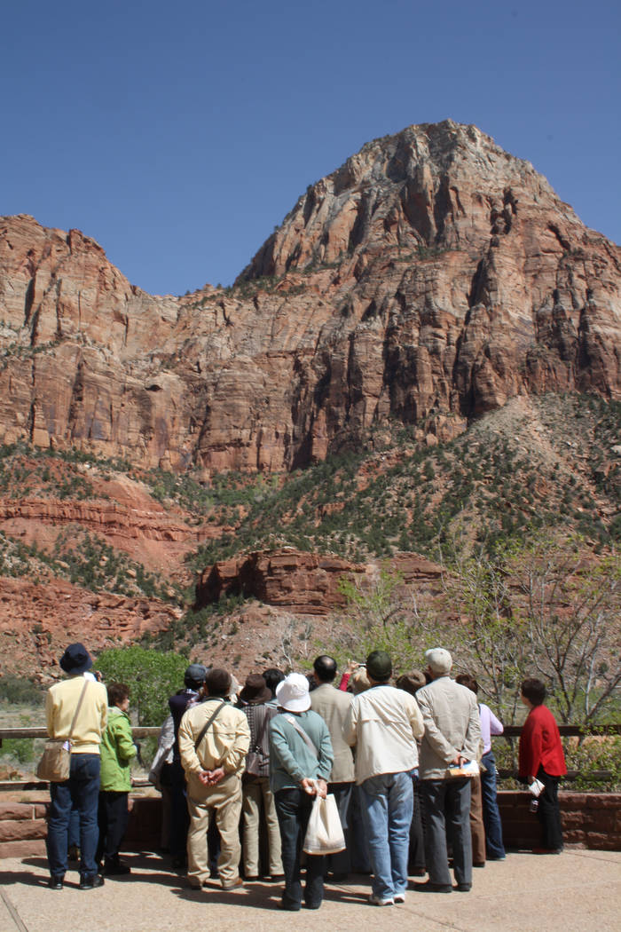 Visitors take in the views from the Zion Human History Museum. (Deborah Wall/Las Vegas Review-Journal)