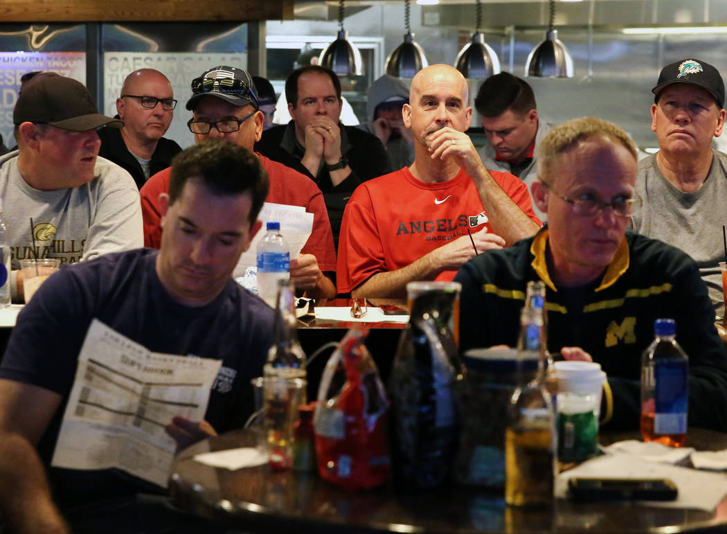 Fans watch a basketball game during the first day of the NCAA basketball tournament at the Westgate sports book in Las Vegas on Thursday, March 16, 2019. (Bizuayehu Tesfaye Las Vegas Review-Journa ...