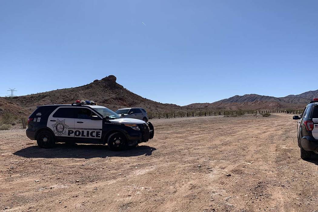 Las Vegas police are investigating after a person was found dead under suspicious circumstances in the desert near the Lake Mead National Recreation Area, Thursday, March 7, 2019. (Mat Luschek/Las ...