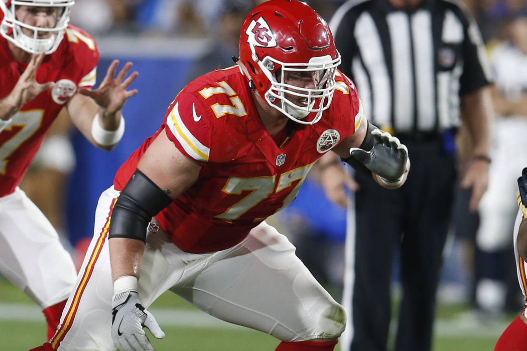 Kansas City Chiefs offensive tackle Jordan Devey (77) during a preseason NFL football game against the Los Angeles Rams, Saturday, Aug. 20, 2016, in Los Angeles. (AP Photo/Rick Scuteri)