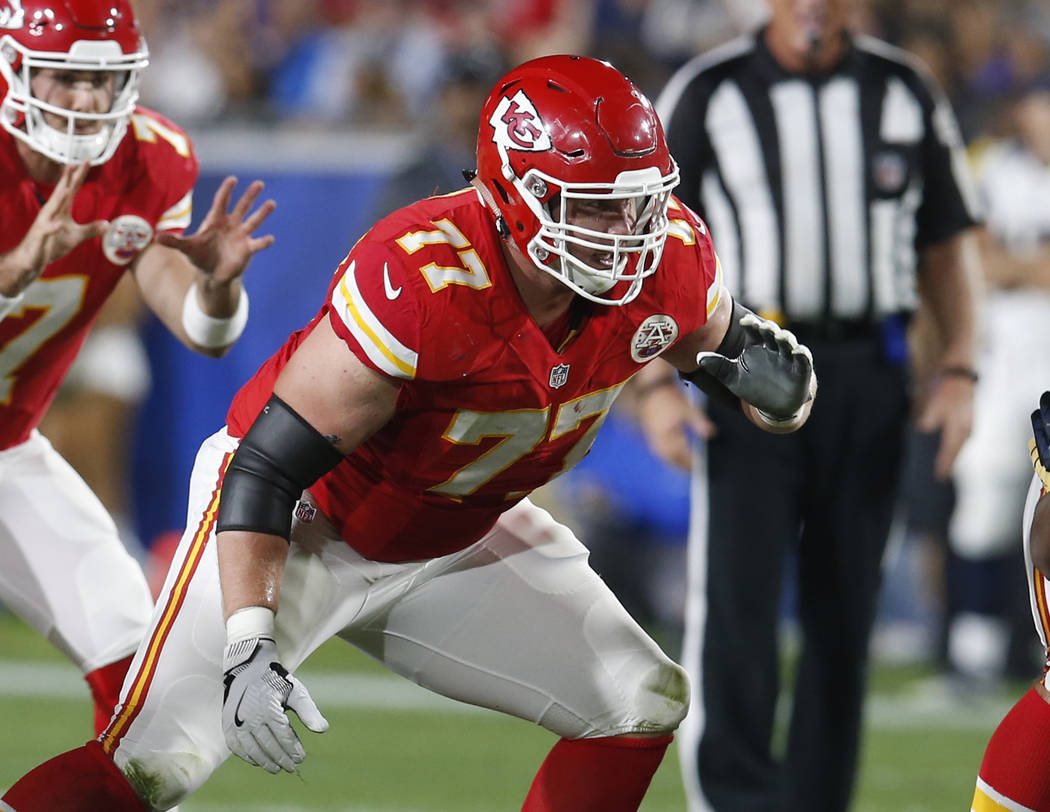 Kansas City Chiefs offensive tackle Jordan Devey (77) during a preseason NFL football game against the Los Angeles Rams, Saturday, Aug. 20, 2016, in Los Angeles. (AP Photo/Rick Scuteri)