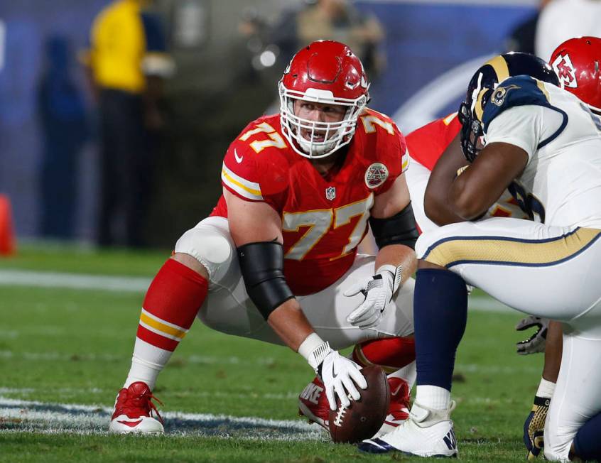 Kansas City Chiefs offensive tackle Jordan Devey (77) during a preseason NFL football game against the Los Angeles Rams, Saturday, Aug. 20, 2016, in Los Angeles. (AP Photo/Rick Scuteri)