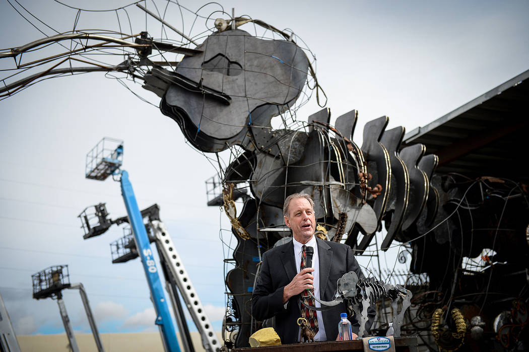 Mayor of North Las Vegas John Jay Lee speaks at a viewing of local Girl Scout Tahoe Mack's Monumental Mammoth structure at XL Steel in Las Vegas, Thursday, March 21, 2019. (Caroline Brehman/Las Ve ...
