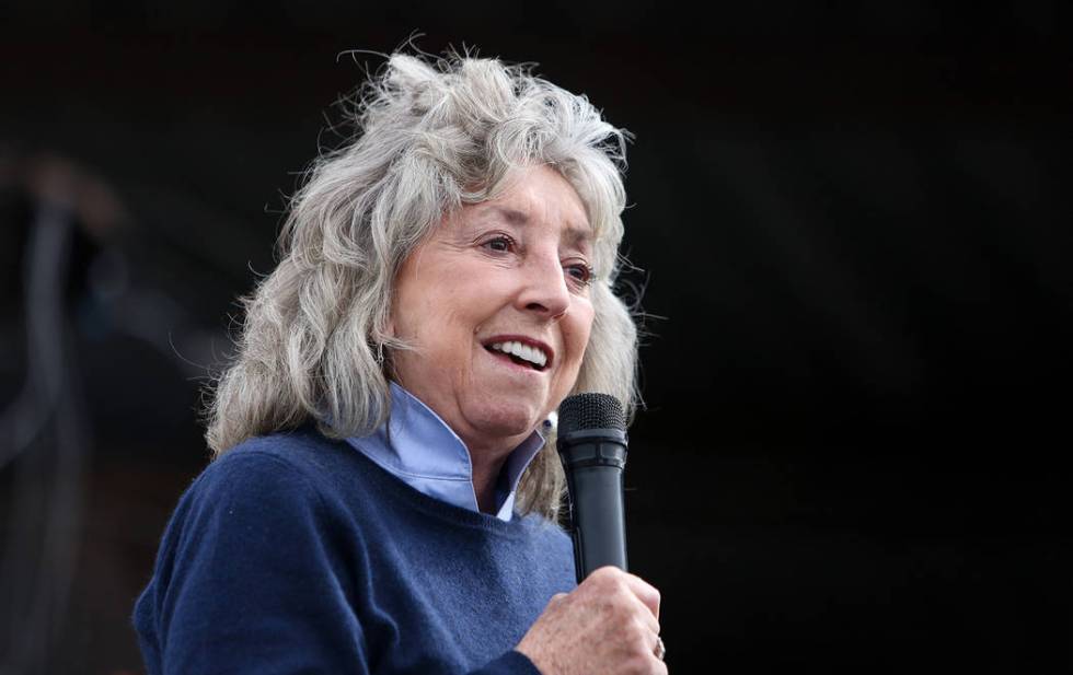 Rep. Dina Titus, D-Nev., speaks at a viewing of local Girl Scout Tahoe Mack's Monumental Mammoth structure at XL Steel in Las Vegas, Thursday, March 21, 2019. (Caroline Brehman/Las Vegas Review-Jo ...