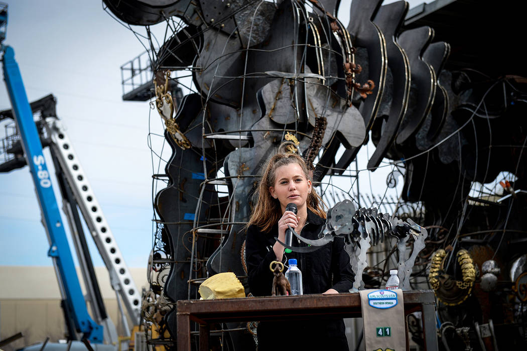Local Girl Scout Tahoe Mack speaks at a viewing of her Monumental Mammoth structure at XL Steel in Las Vegas, Thursday, March 21, 2019. (Caroline Brehman/Las Vegas Review-Journal) @carolinebrehman