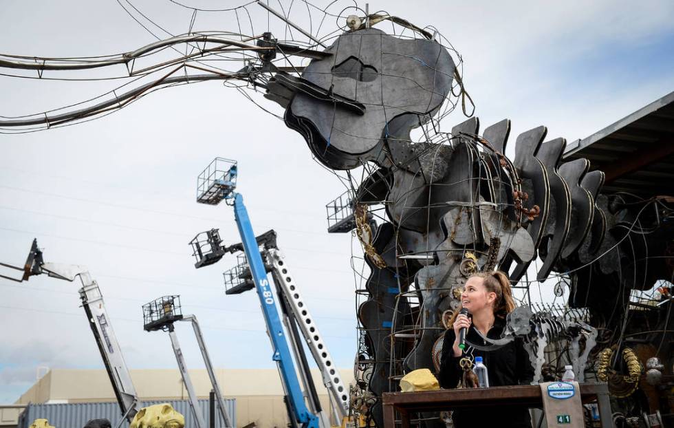 Local Girl Scout Tahoe Mack speaks at a viewing of her Monumental Mammoth structure at XL Steel in Las Vegas, Thursday, March 21, 2019. (Caroline Brehman/Las Vegas Review-Journal) @carolinebrehman