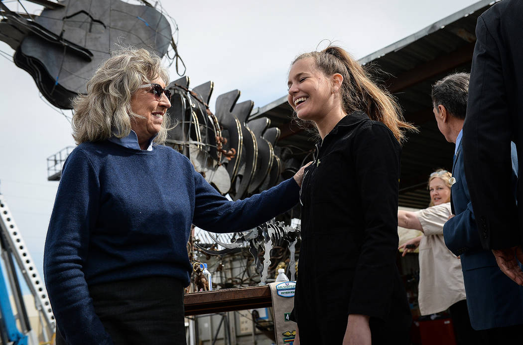 Rep. Dina Titus, D-Nev., left, speaks with local Girl Scout Tahoe Mack at a viewing of her Monumental Mammoth structure at XL Steel in Las Vegas, Thursday, March 21, 2019. (Caroline Brehman/Las Ve ...
