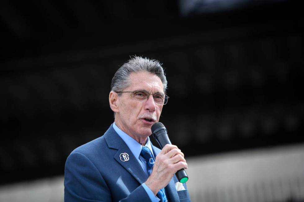 City of North Las Vegas Councilman Richard Cherchio speaks at a viewing of local Girl Scout Tahoe Mack's Monumental Mammoth structure at XL Steel in Las Vegas, Thursday, March 21, 2019. (Caroline ...