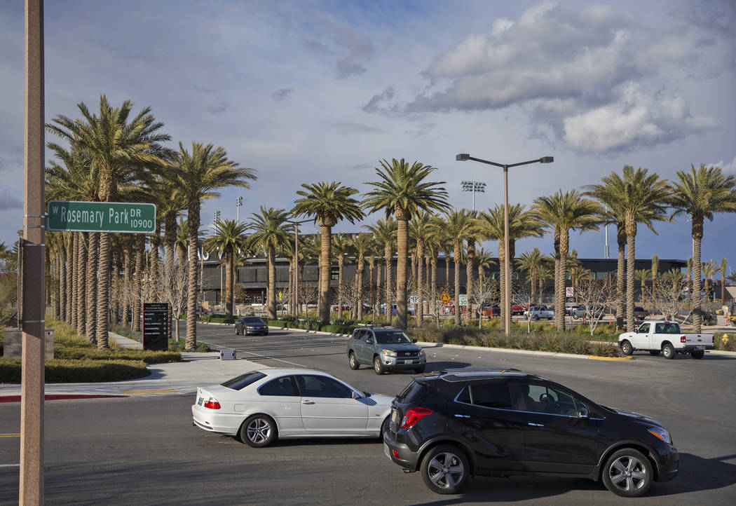 Traffic passes by Las Vegas Ballpark on Thursday, March 21, 2019, in Las Vegas. (Benjamin Hager Review-Journal) @BenjaminHphoto