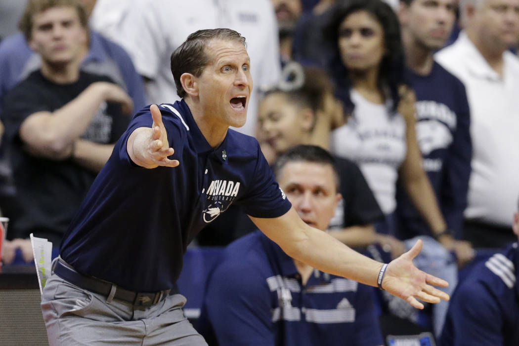 Nevada coach Eric Musselman yells instructions during the first half of a first round men's college basketball game against Florida in the NCAA Tournament, in Des Moines, Iowa, Thursday, March 21, ...