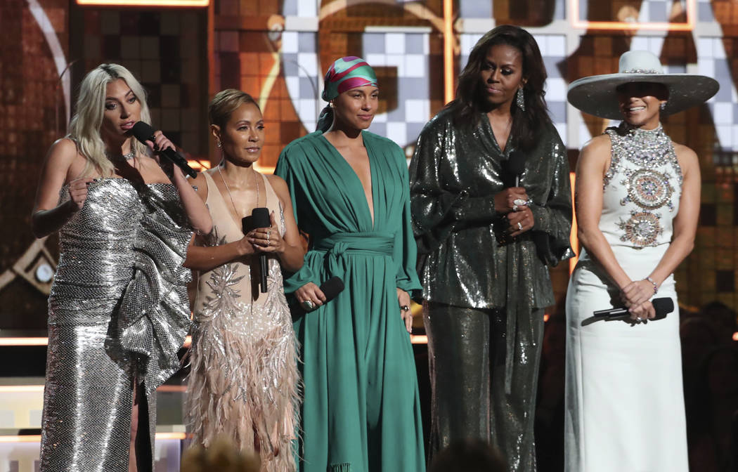 Lady Gaga, from left, Jada Pinkett Smith, Alicia Keys, Michelle Obama and Jennifer Lopez speak at the 61st annual Grammy Awards on Sunday, Feb. 10, 2019, in Los Angeles. (Matt Sayles/Invision/AP)