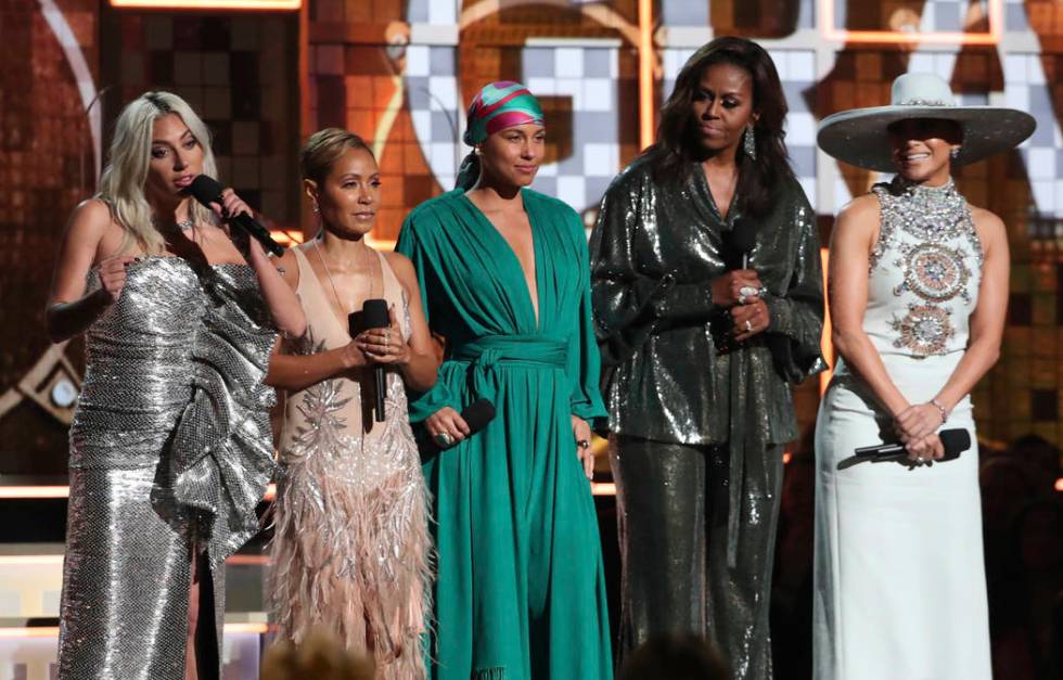 Lady Gaga, from left, Jada Pinkett Smith, Alicia Keys, Michelle Obama and Jennifer Lopez speak at the 61st annual Grammy Awards on Sunday, Feb. 10, 2019, in Los Angeles. (Matt Sayles/Invision/AP)