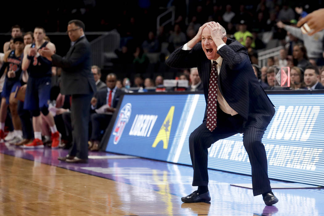 Mississippi State coach Ben Howland reacts during the second half of the team's first=round game against Liberty in the NCAA men's college basketball tournament Friday, March 22, 2019, in San Jose ...