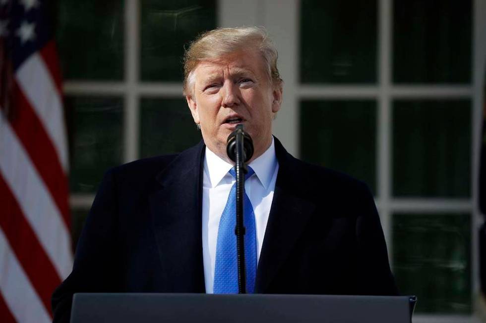President Donald Trump speaks during an event in the Rose Garden at the White House to declare a national emergency in order to build a wall along the southern border, Friday, Feb. 15, 2019, in Wa ...
