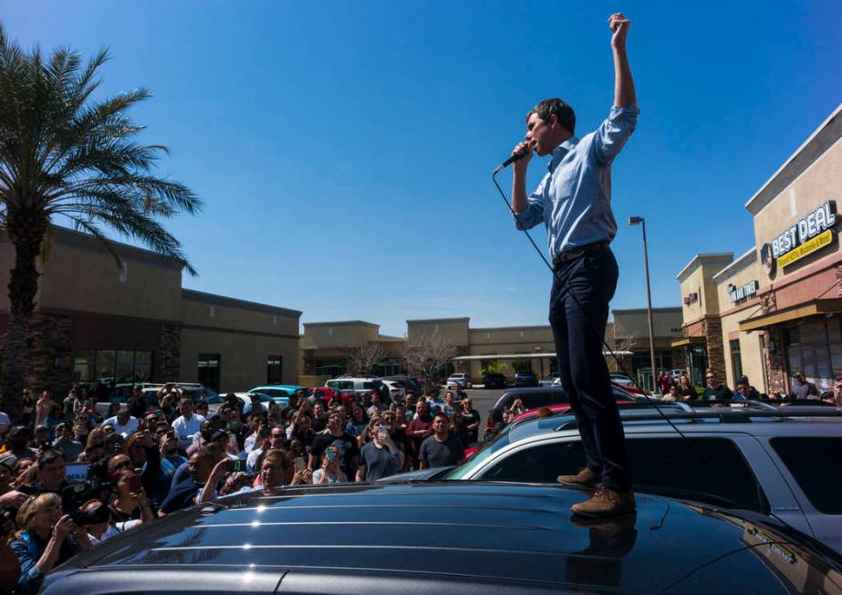 Democratic presidential candidate and former Texas congressman Beto O'Rourke acknowledges the crowd after arriving at a campaign stop at Pour Coffeehouse in Las Vegas on Sunday, March 24, 2019. (C ...