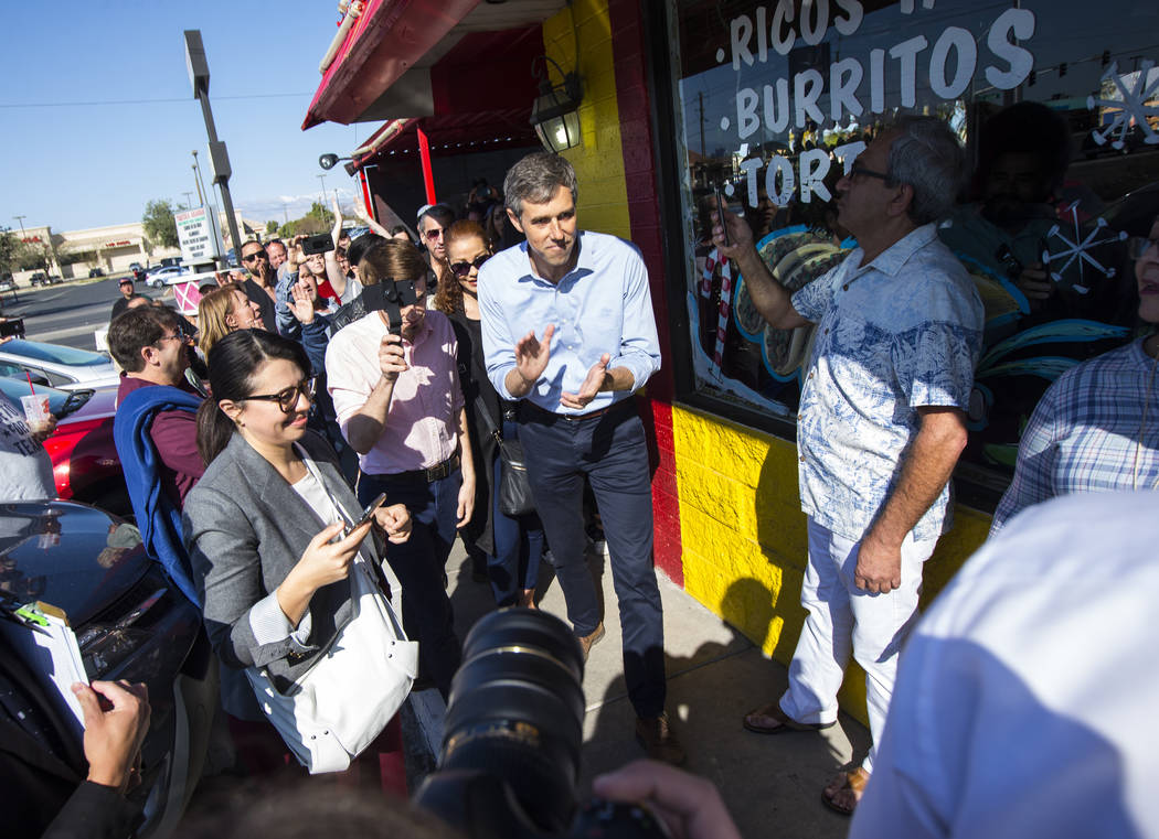 Democratic presidential candidate and former Texas congressman Beto O'Rourke greets supporters during a campaign stop at Arandas Taqueria in Las Vegas on Sunday, March 24, 2019. (Chase Stevens/Las ...