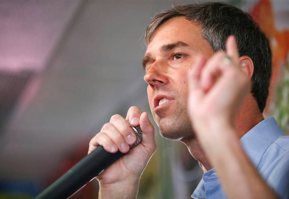 Democratic presidential candidate and former Texas congressman Beto O'Rourke addresses attendees during a campaign stop at Arandas Taqueria in Las Vegas on Sunday, March 24, 2019. (Chase Stevens/L ...