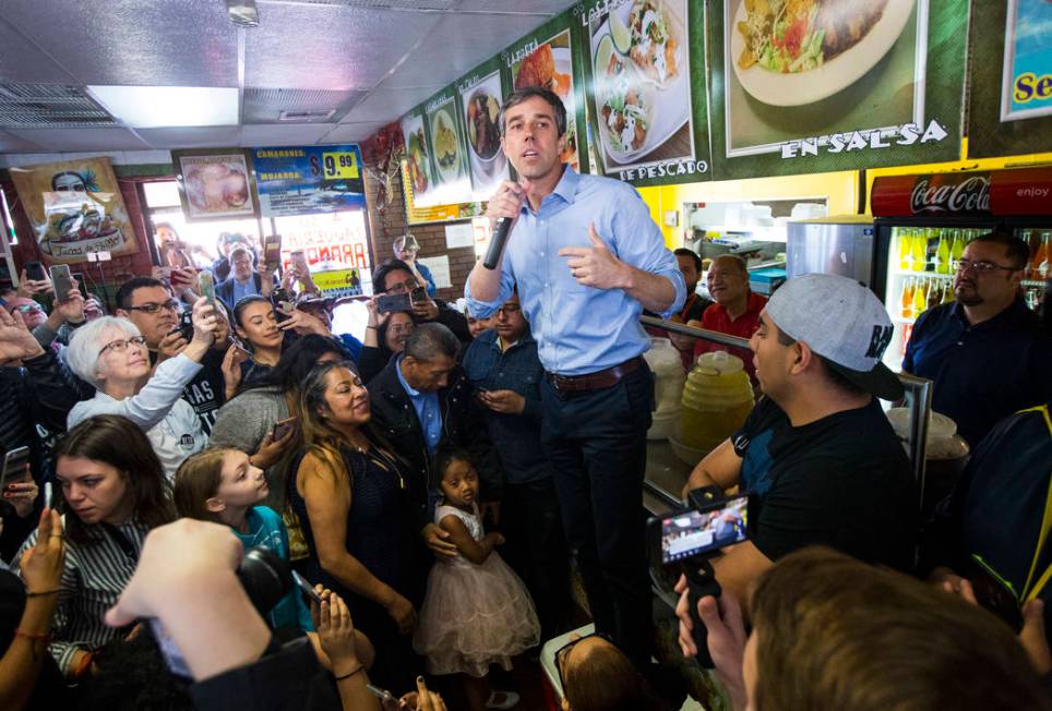 Democratic presidential candidate and former Texas congressman Beto O'Rourke addresses attendees during a campaign stop at Arandas Taqueria in Las Vegas on Sunday, March 24, 2019. (Chase Stevens/L ...