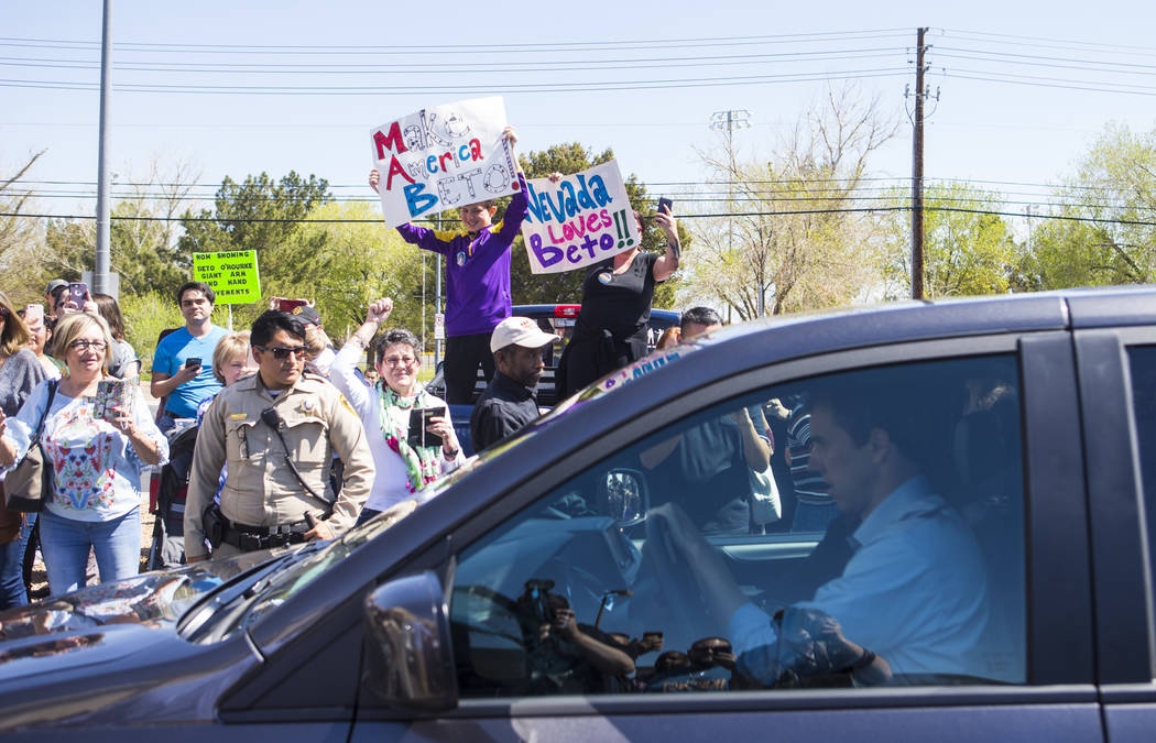 Democratic presidential candidate and former Texas congressman Beto O'Rourke arrives at a campaign stop at Pour Coffeehouse in Las Vegas on Sunday, March 24, 2019. (Chase Stevens/Las Vegas Review- ...