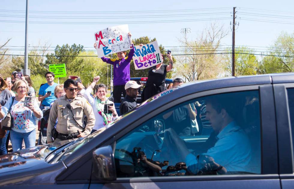 Democratic presidential candidate and former Texas congressman Beto O'Rourke arrives at a campaign stop at Pour Coffeehouse in Las Vegas on Sunday, March 24, 2019. (Chase Stevens/Las Vegas Review- ...