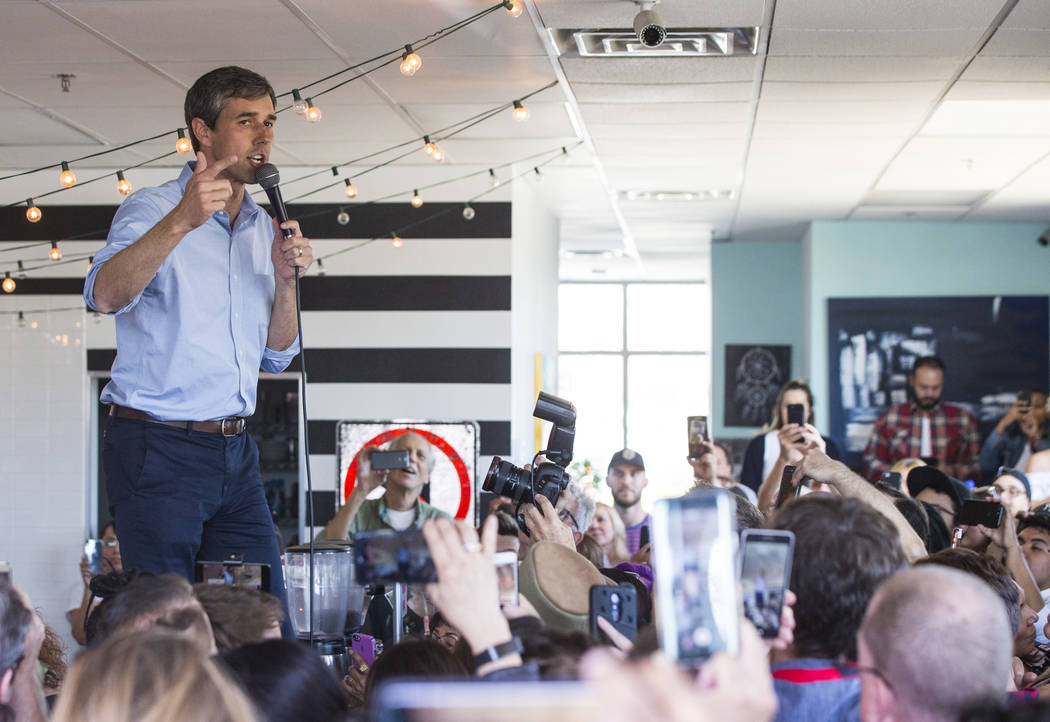 Democratic presidential candidate and former Texas congressman Beto O'Rourke speaks during a campaign stop at Pour Coffeehouse in Las Vegas on Sunday, March 24, 2019. (Chase Stevens/Las Vegas Revi ...