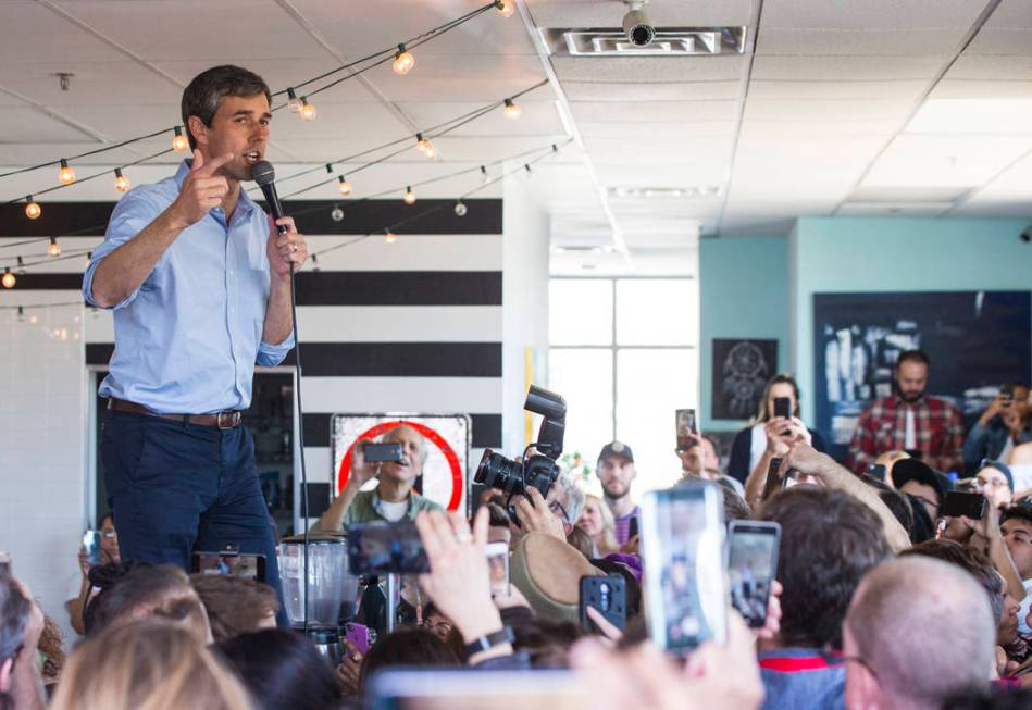 Democratic presidential candidate and former Texas congressman Beto O'Rourke speaks during a campaign stop at Pour Coffeehouse in Las Vegas on Sunday, March 24, 2019. (Chase Stevens/Las Vegas Revi ...