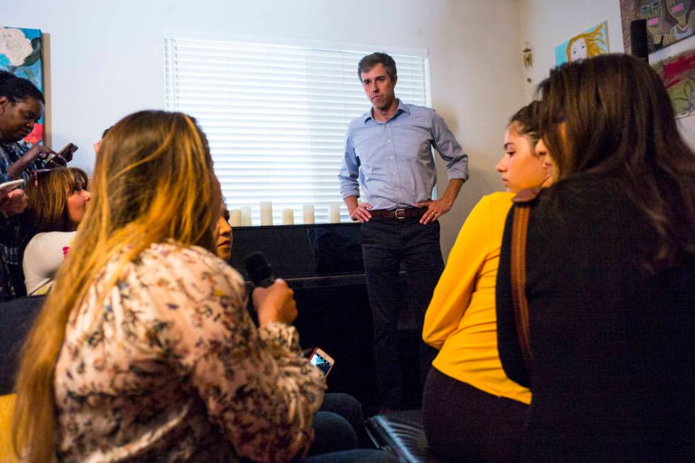 Democratic presidential candidate and former Texas congressman Beto O'Rourke, right, listens to a question from Karla Garcia during a meet and greet event with the Mujeres Network in west Las Vega ...