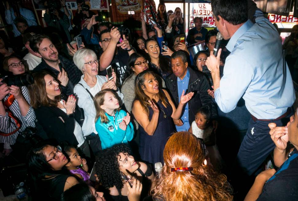 Democratic presidential candidate and former Texas congressman Beto O'Rourke, right, speaks during a campaign stop at Arandas Taqueria in Las Vegas on Sunday, March 24, 2019. (Chase Stevens/Las Ve ...