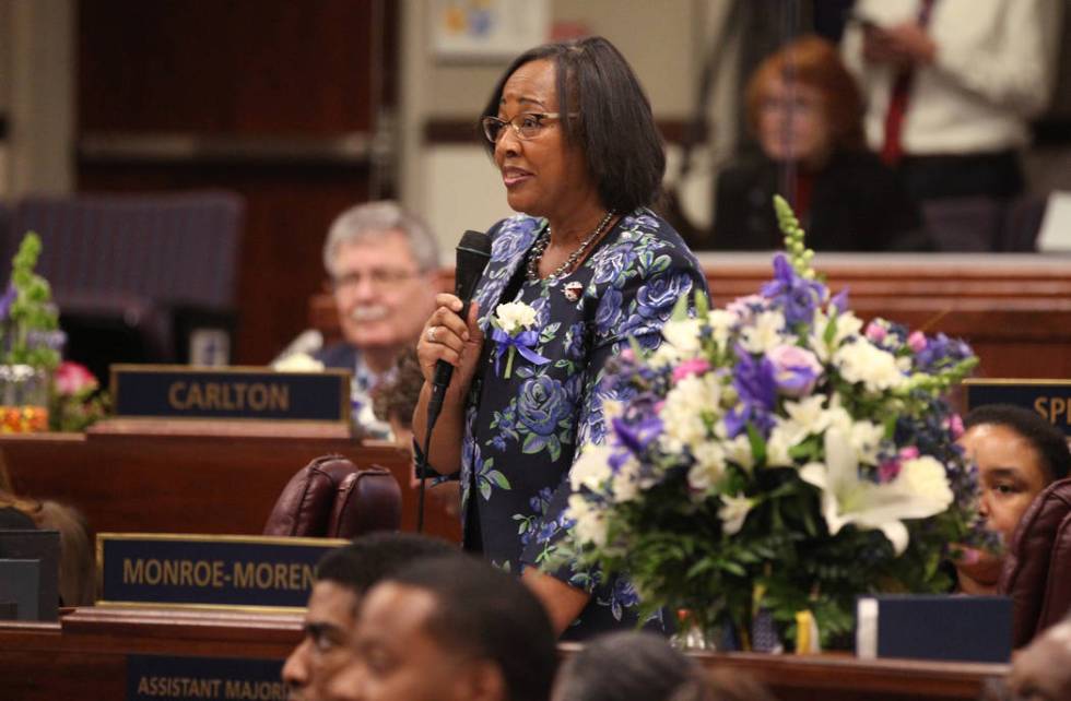 Assemblywoman Daniele Monroe-Moreno, D-North Las Vegas, speaks on the Assembly floor in the Legislative Building in Carson City on the first day of the 80th session of the Nevada Legislature Monda ...