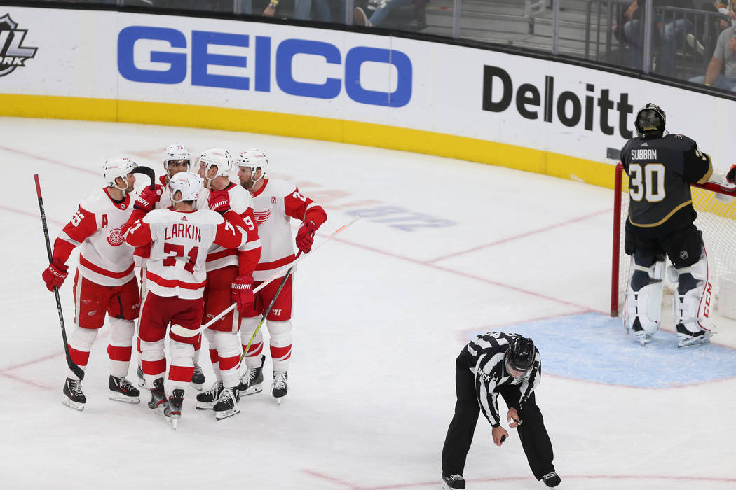 Detroit Red Wings celebrate a score by right wing Anthony Mantha (39) during the third period of an NHL hockey game at T-Mobile Arena in Las Vegas, Saturday, March 23, 2019. Erik Verduzco Las Vega ...