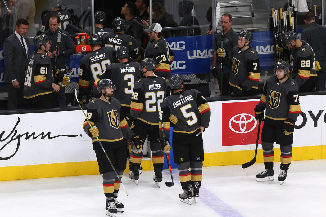 Vegas Golden Knights leave the ice after losing 3-2 during overtime against the Detroit Red Wings in an NHL hockey game at T-Mobile Arena in Las Vegas, Saturday, March 23, 2019. Erik Verduzco Las ...