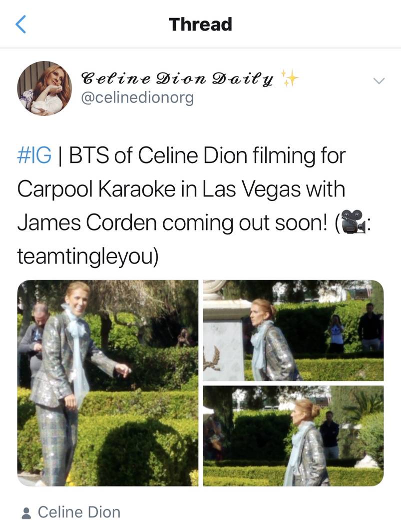 Celine Dion is shown during a break in taping a segment of Carpool Karaoke during "The Late Late Show With James Corden" at Lake Bellagio The two recorded in Las Vegas and on Lake Bellagio on Frid ...