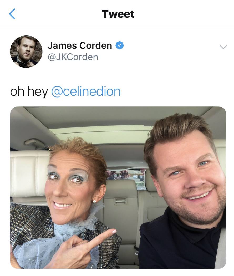 Celine Dion and James Corden are shown taping a segment of Carpool Karaoke on Corden's Twitter page. The two recorded in Las Vegas and on Lake Bellagio on Friday, March 22, 2019. (@JamesCorden)