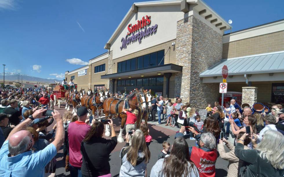 The Budweiser Clydesdales are shown during a visit to the Smith’s Marketplace at 9710 W. Skye Canyon Park Drive in Las Vegas on Saturday, March 23, 2019. (Bill Hughes/Las Vegas Review-Journal)