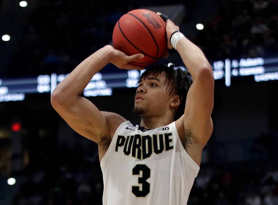 Purdue's Carsen Edwards shoots a 3-pointer during the first half of a second round men's college basketball game against Villanova in the NCAA Tournament, Saturday, March 23, 2019, in Hartford, Co ...